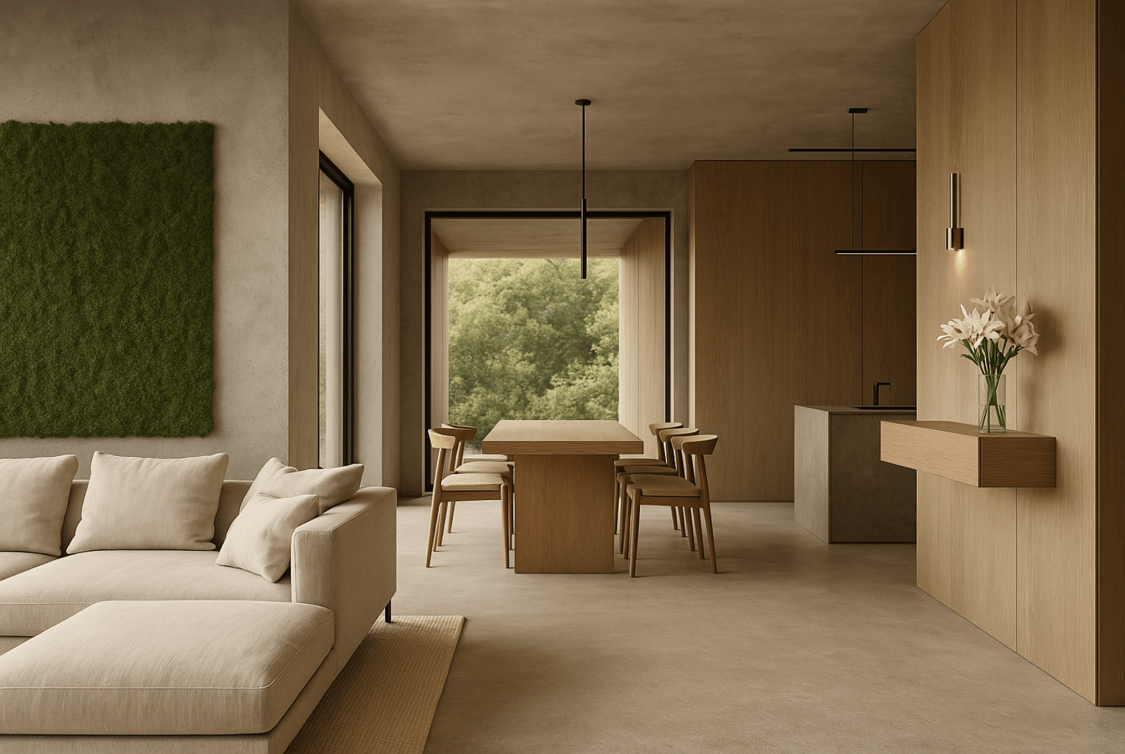 współczesne wnętrza, elegancka kuchnia, fornir, kamień, drewniany stół, minimalizm, nowoczesny salon, projektowanie wnętrz Gdynia, Trójmiasto, M19 Architekci.