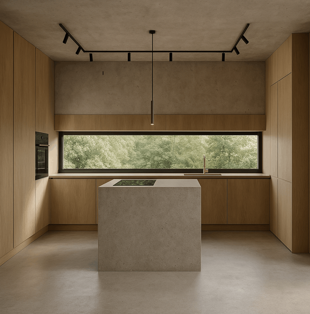 współczesne wnętrza, elegancka kuchnia, fornir, kamień, drewniany stół, minimalizm, nowoczesny salon, projektowanie wnętrz Gdynia, Trójmiasto, M19 Architekci.